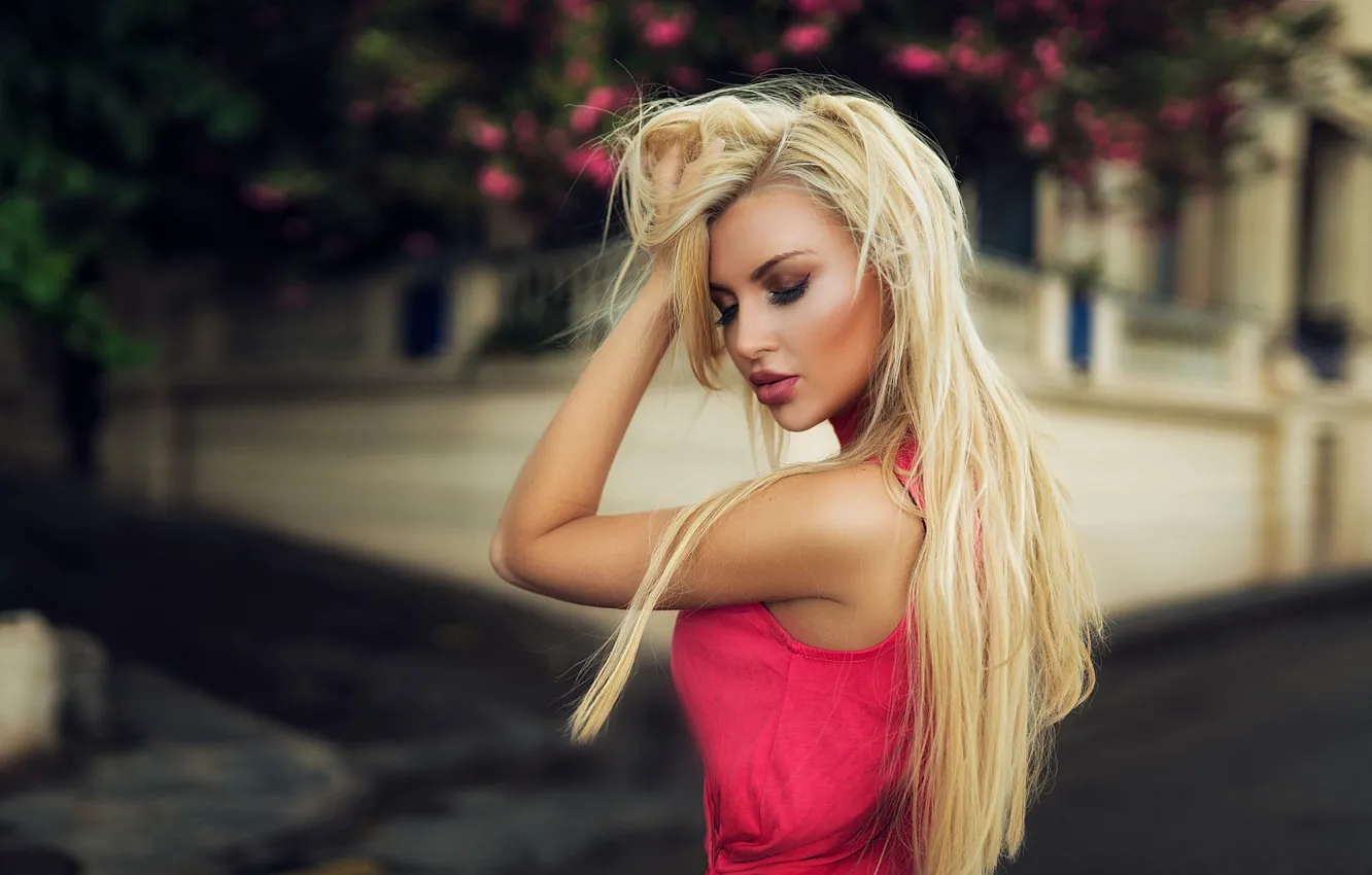 Photo wallpaper pose, model, portrait, makeup, dress, hairstyle, blonde, is