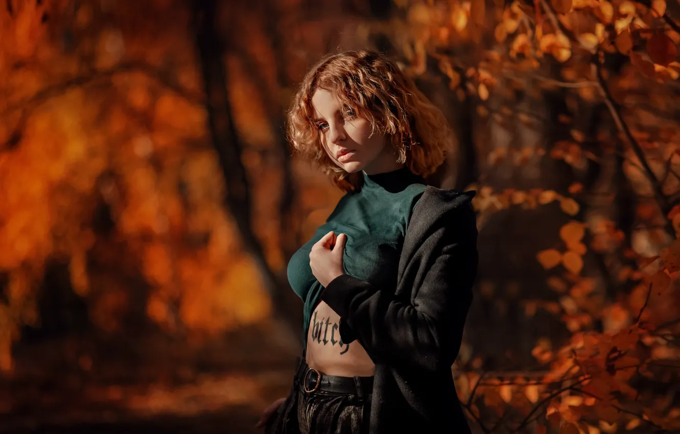 Photo wallpaper autumn, girl, nature, pose, tattoo, red, Denis Lytkin