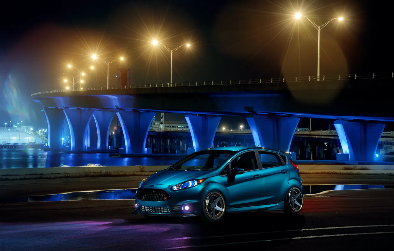 Photo wallpaper Ford, Blue, Front, Bridge, Night, Fiesta, Wheels, ADV.1