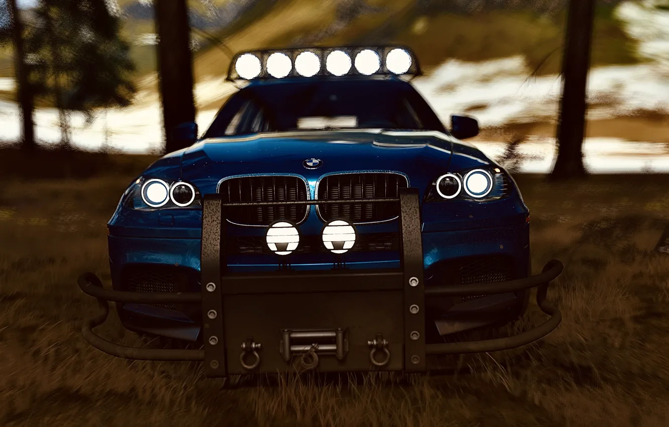 Photo wallpaper HDR, BMW, Wood, Snow, Game, SUV, X5M, Offroad