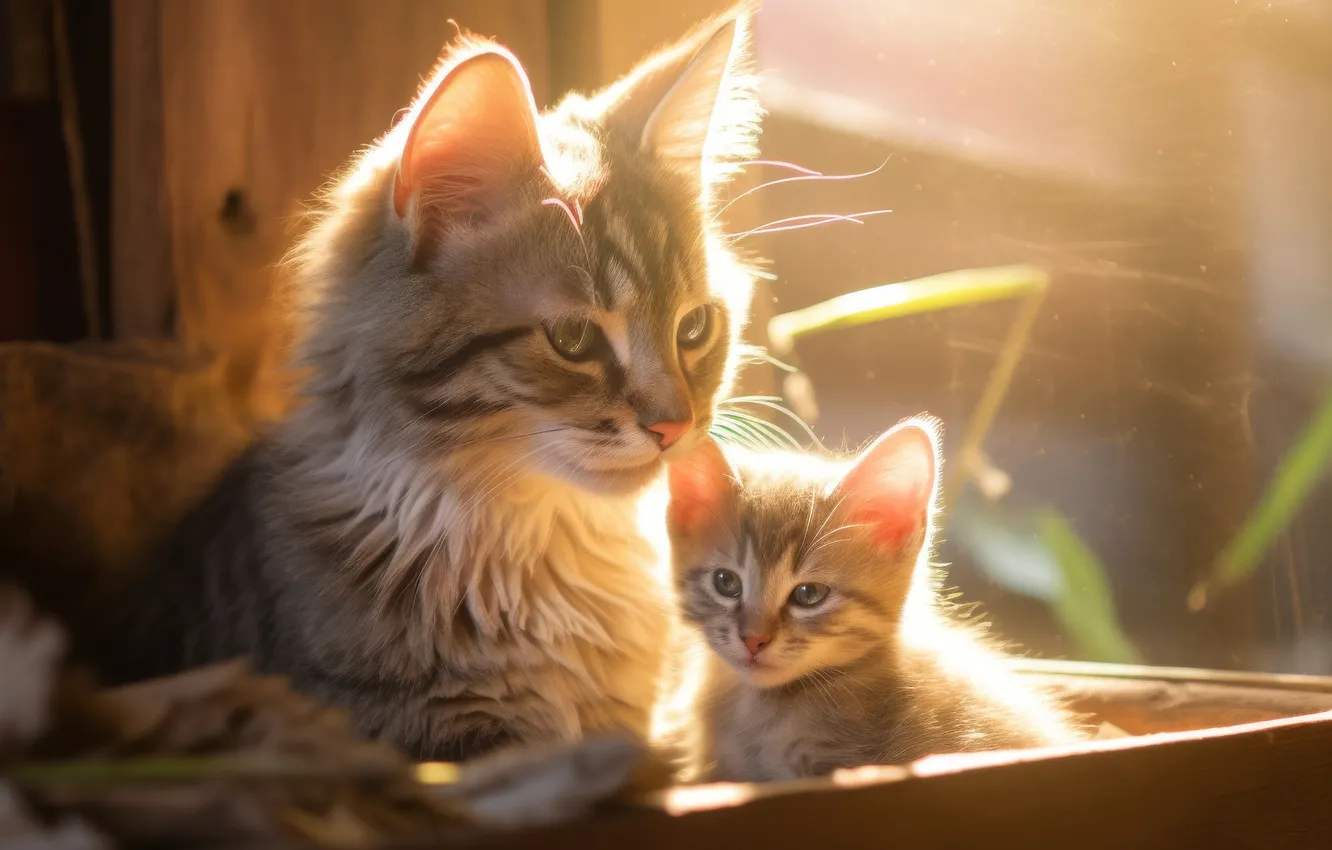 Photo wallpaper cat, look, the sun, rays, light, pose, grey, box