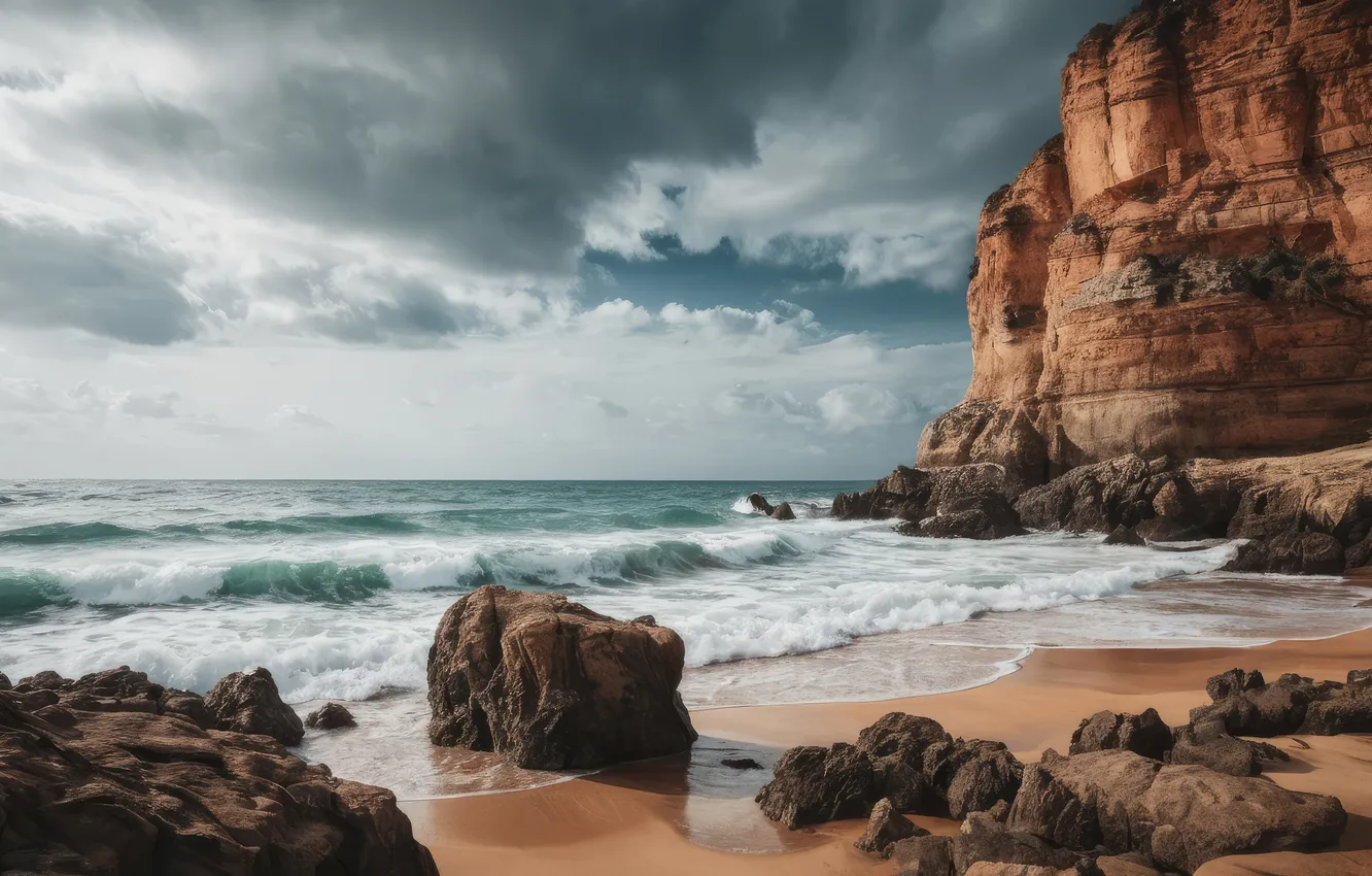 Photo wallpaper sand, sea, wave, beach, the sky, the sun, clouds, clouds