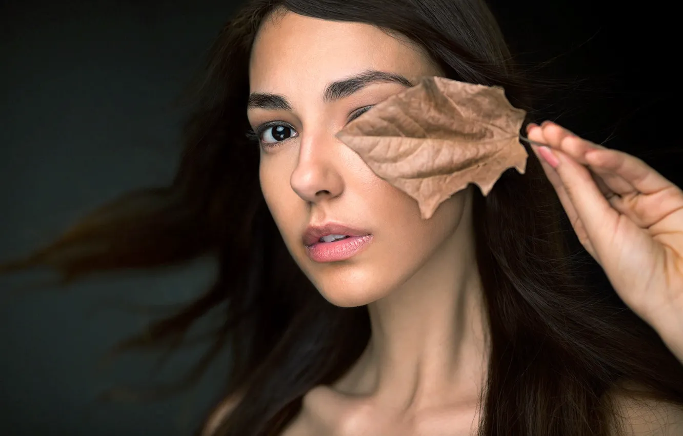 Photo wallpaper eyes, look, leaves, girl, brunette, Natalia Arantseva