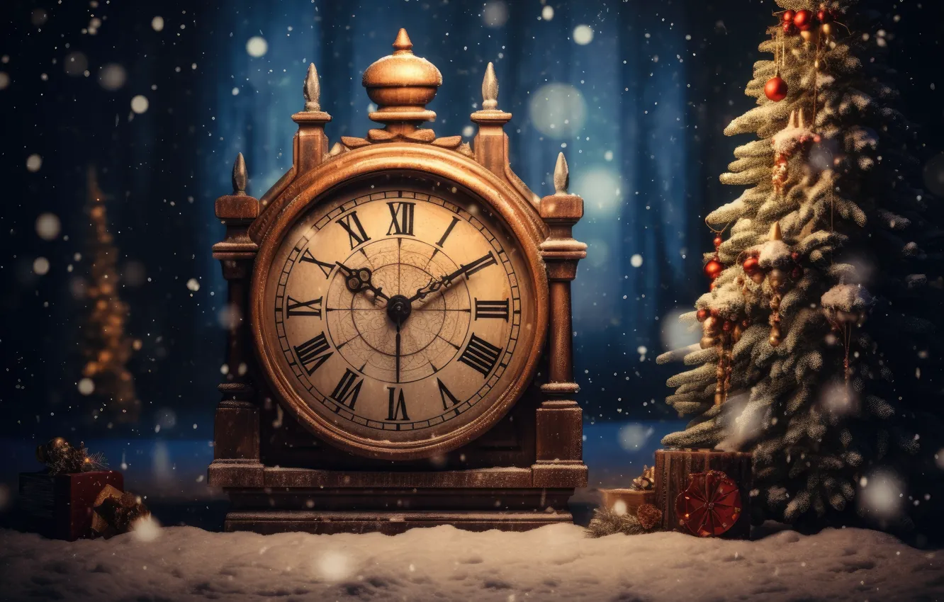Photo wallpaper winter, snow, night, time, watch, new year, Christmas, panorama