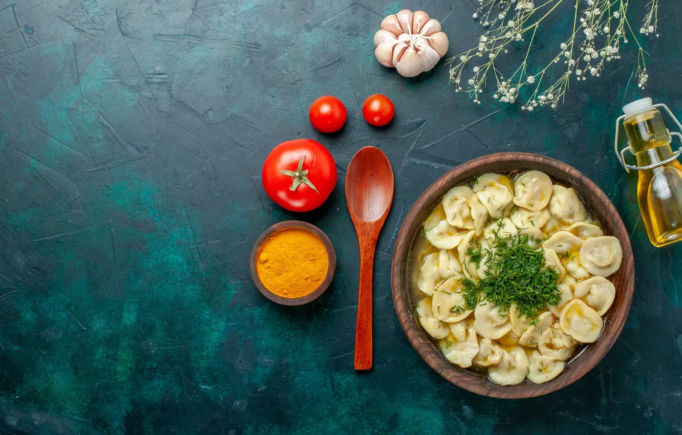 Photo wallpaper tomatoes, spices, dumplings