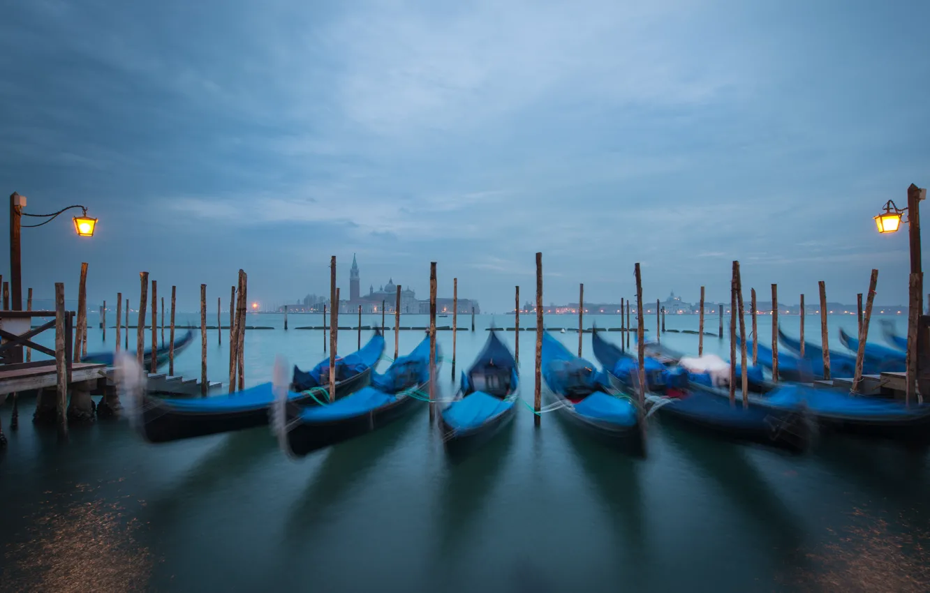 Photo wallpaper the sky, clouds, the city, boat, the evening, lights, Italy, Venice