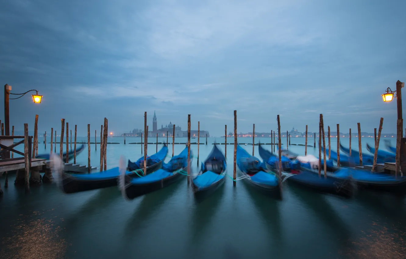 Photo wallpaper the sky, clouds, the city, boats, the evening, lights, Italy, Venice