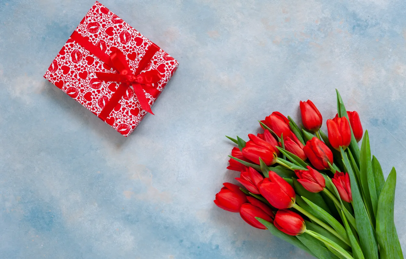 Photo wallpaper gift, bouquet, tape, tulips, red, Ellygri