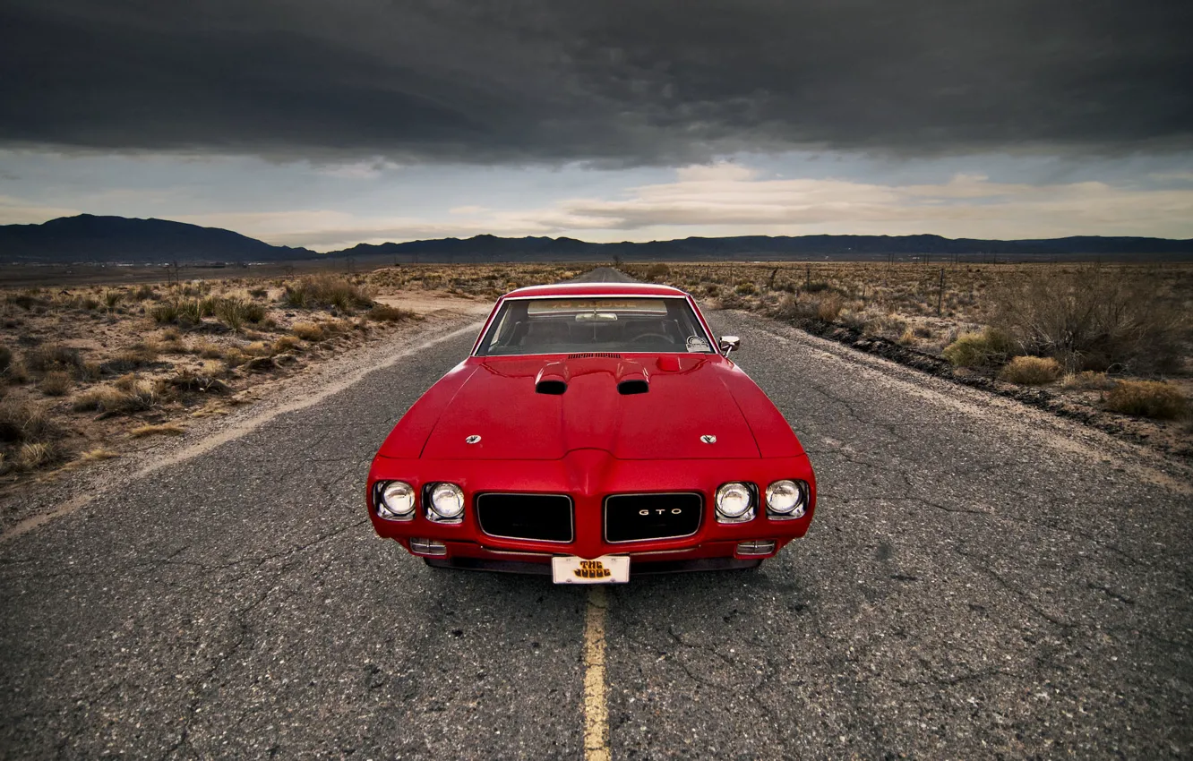 Photo wallpaper road, the storm, clouds, hills, lights, front, Pontiac, GTO