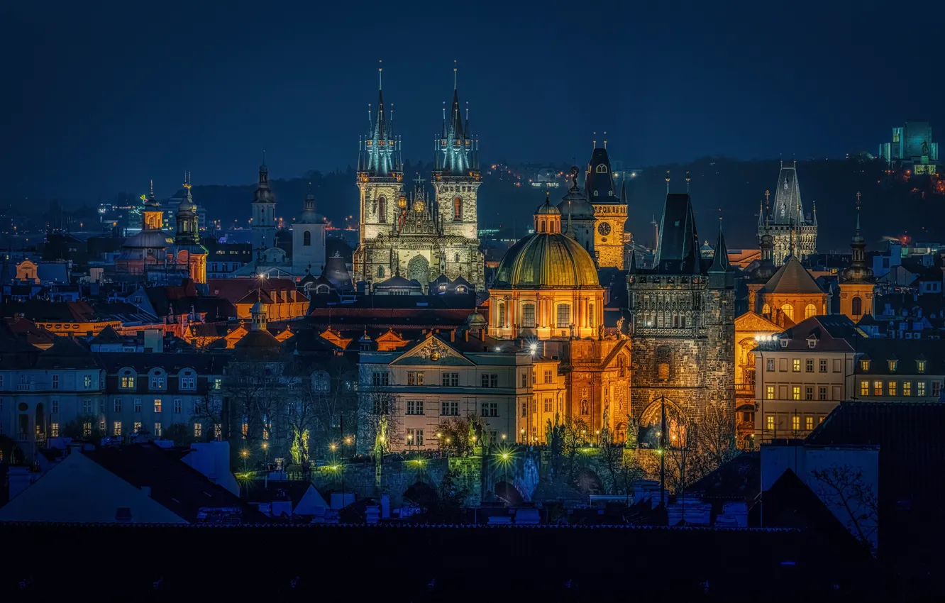 Photo wallpaper building, home, Prague, Czech Republic, tower, night city, Prague, Czech Republic