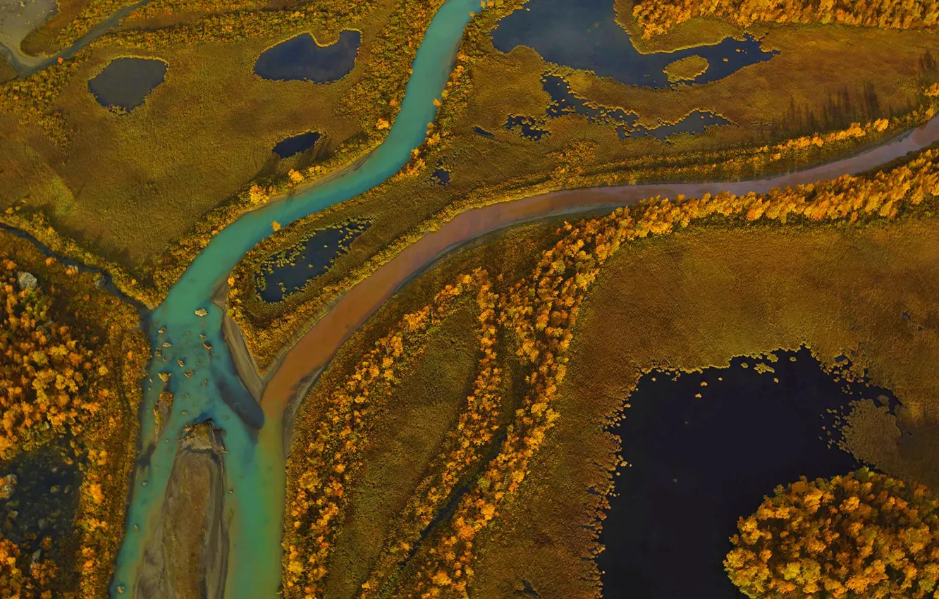 Photo wallpaper autumn, river, panorama, Sweden, The Sarek national Park, Brine