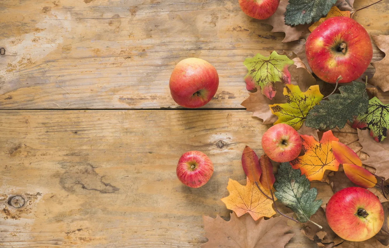 Photo wallpaper autumn, leaves, background, apples, Board, colorful, maple, wood