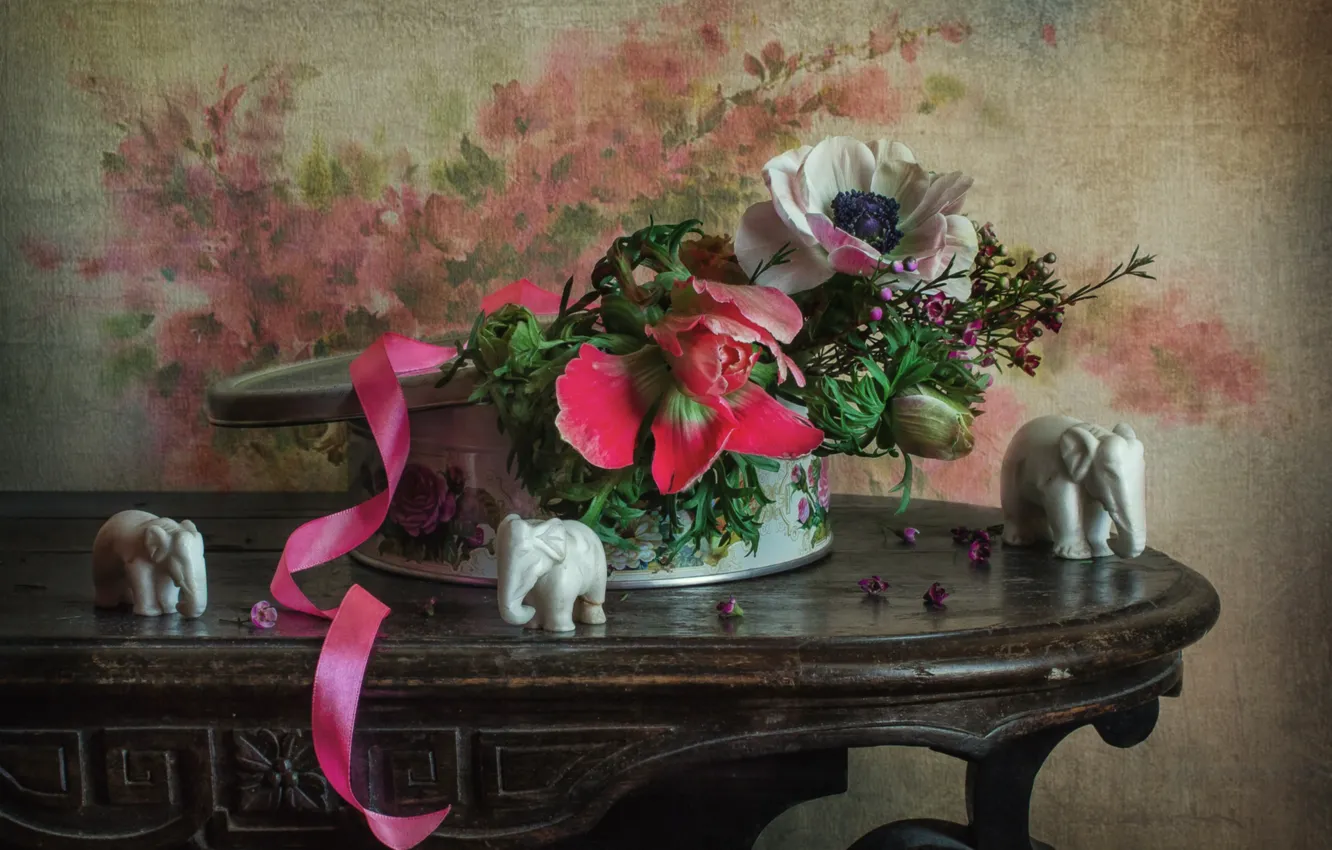 Photo wallpaper style, elephant, anemones