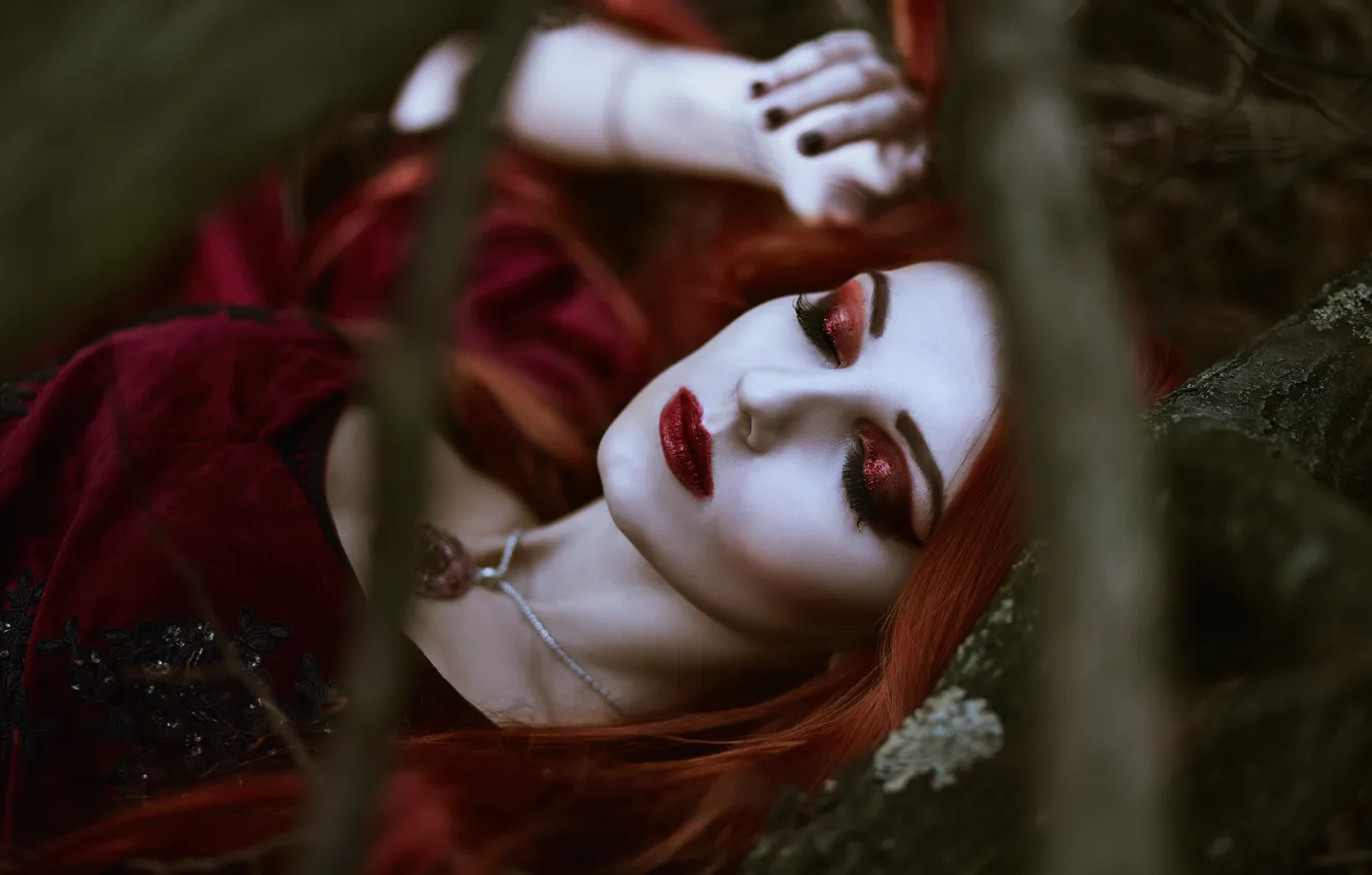 Photo wallpaper grass, girl, nature, style, sleep, makeup, fantasy, sleeping