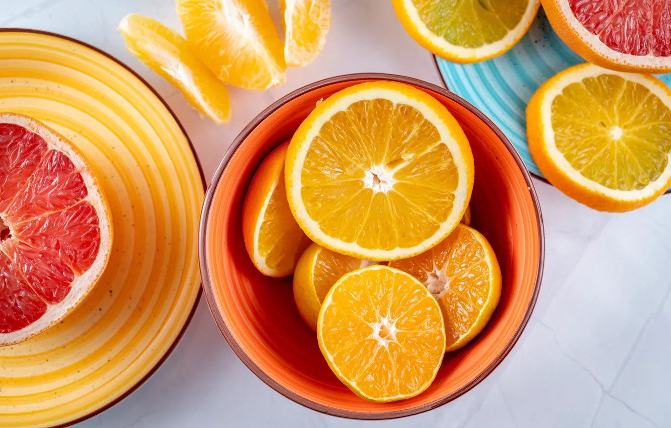 Photo wallpaper oranges, bowl, citrus, different, grapefruit, slices, cutting, tangerines