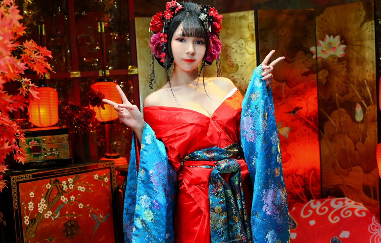 Photo wallpaper look, decoration, model, portrait, interior, makeup, dress, brunette