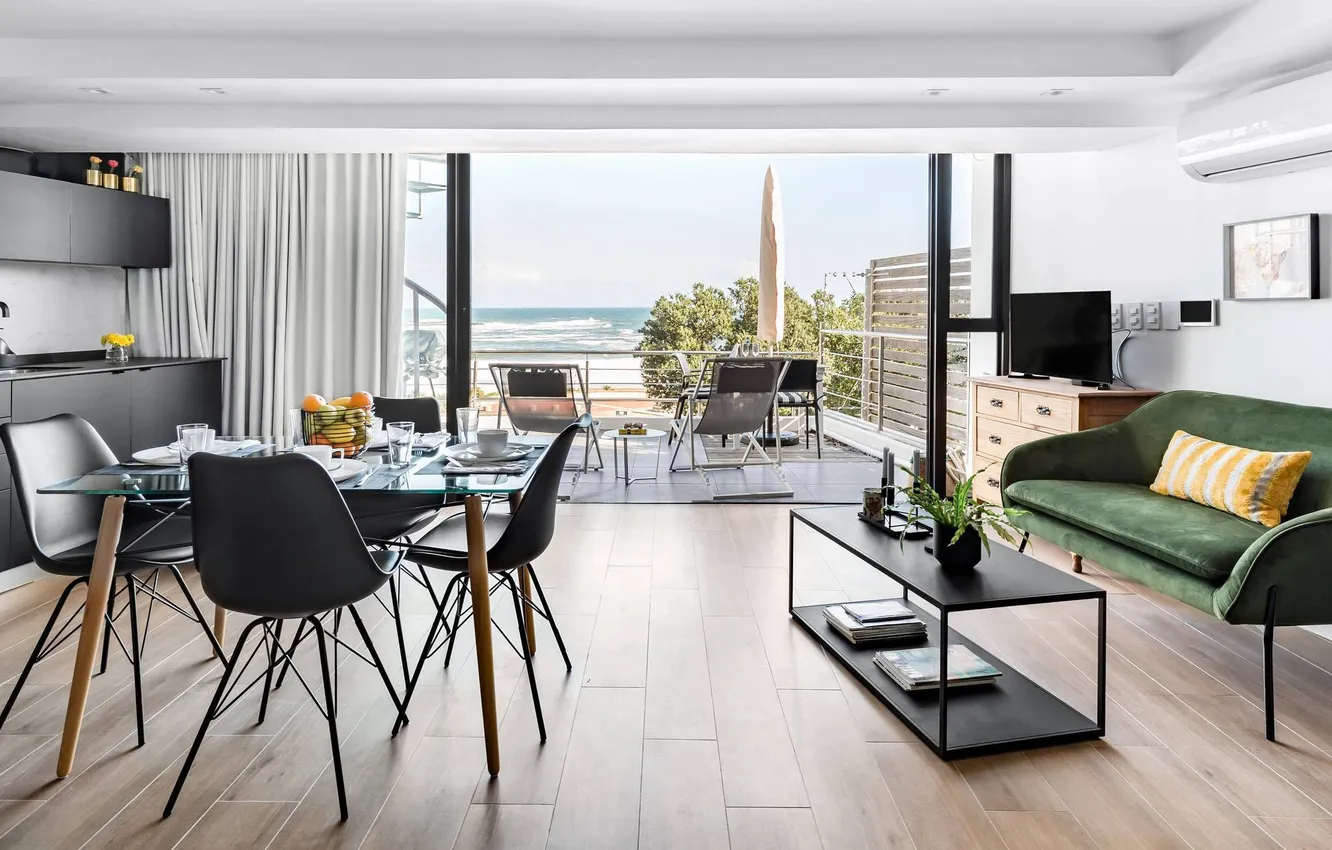 Photo wallpaper design, style, Villa, interior, kitchen, living room, dining room, beach and ocean view