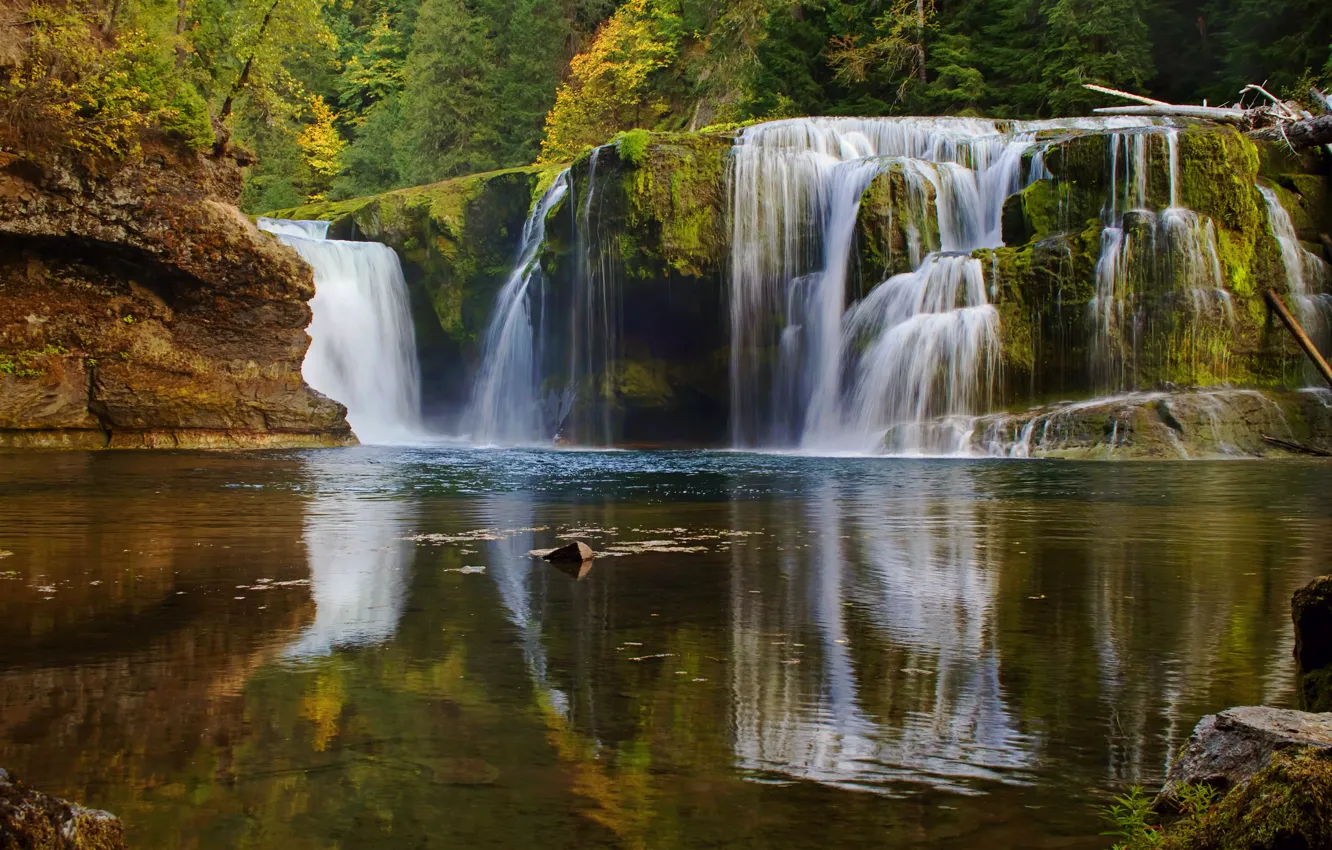 Photo wallpaper autumn, forest, lake, waterfall, cascade
