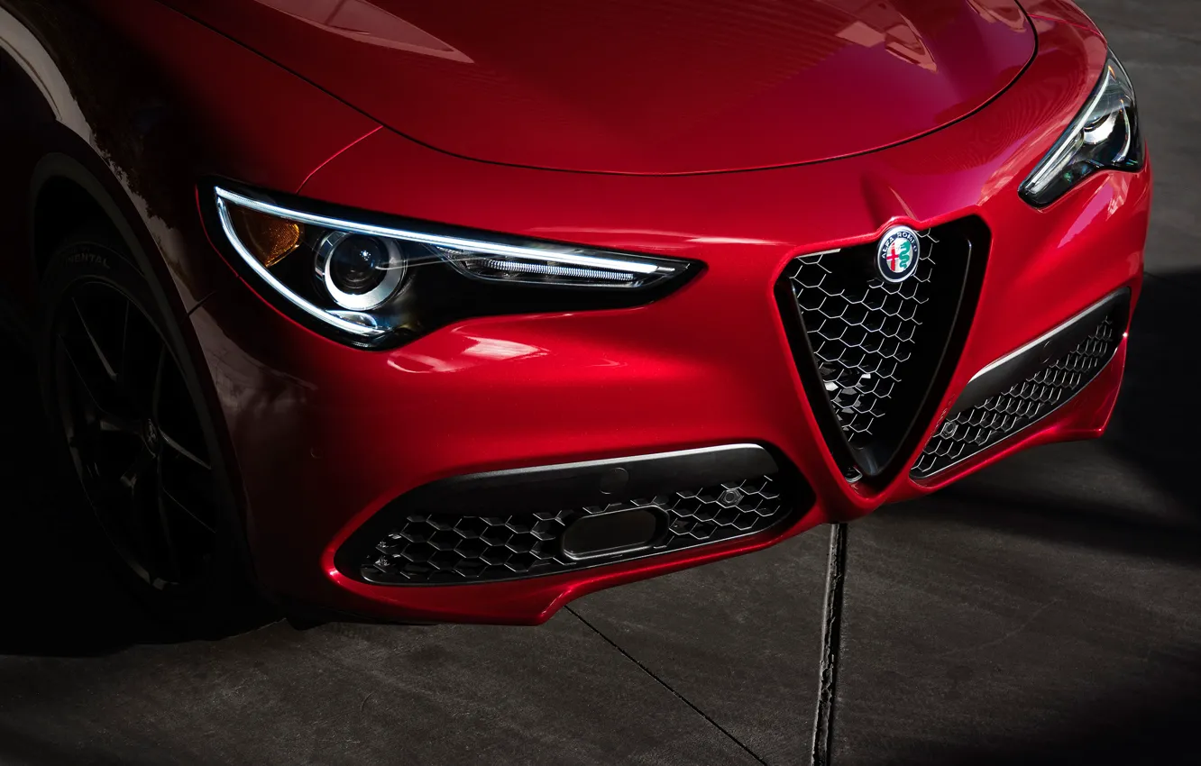 Photo wallpaper lights, Alfa Romeo, front view, 2018, crossover, Stelvio, Black Edition