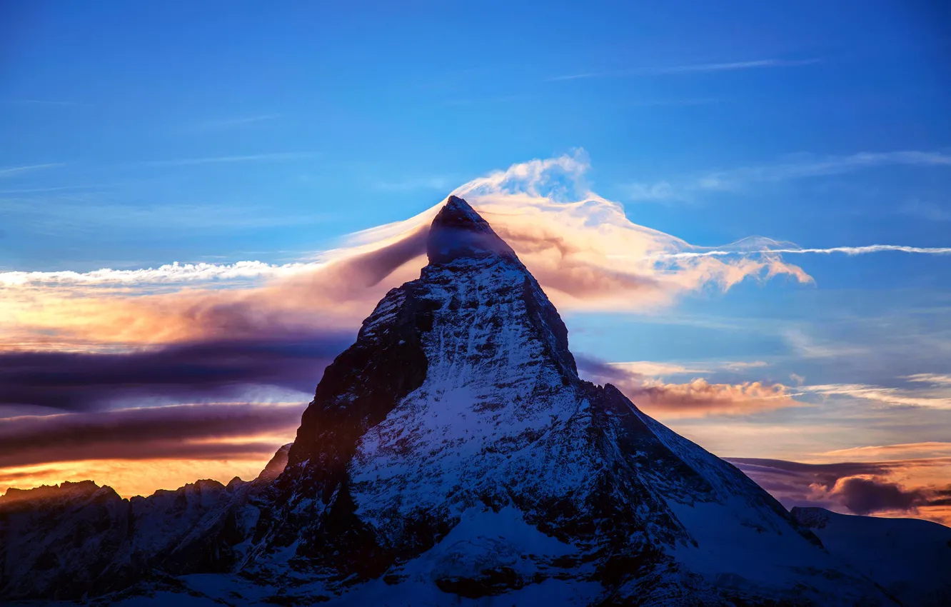 Photo wallpaper the sky, clouds, snow, sunset, mountains, the evening, Switzerland, Alps