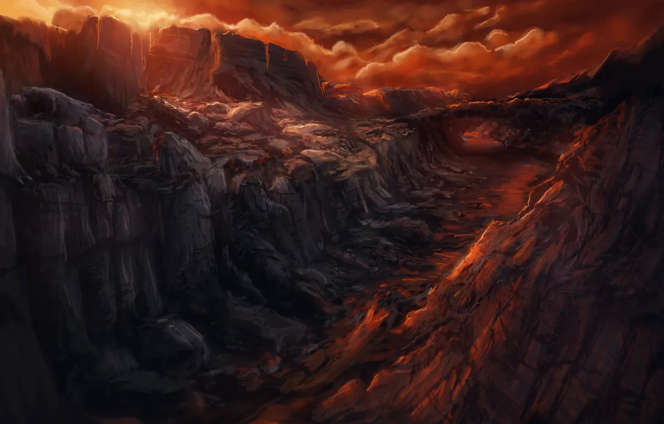 Photo wallpaper sunset, clouds, river, stones, rocks, art, canyon, gorge