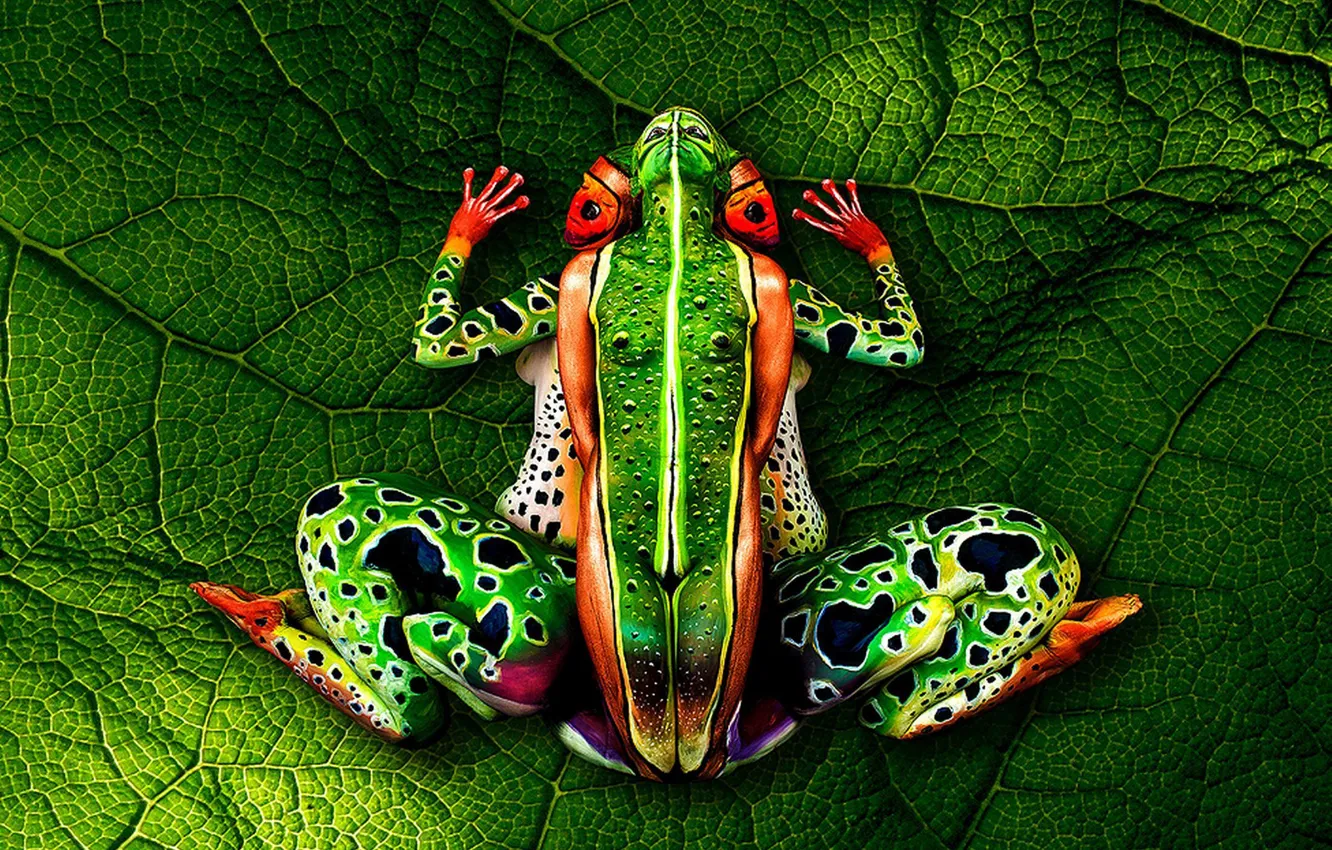 Photo wallpaper bodypainting, green leaf, naked women, Frog