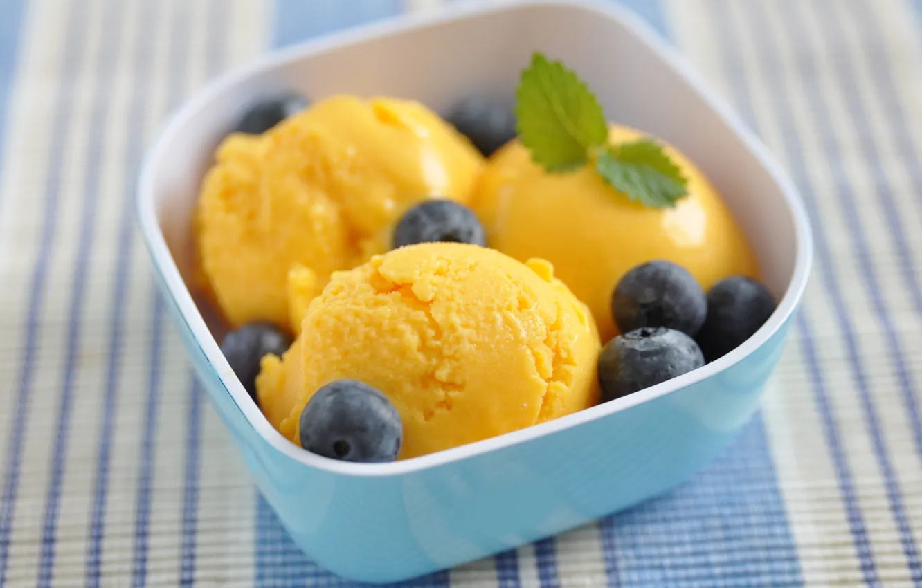 Photo wallpaper balls, blueberries, ice cream, mint, dessert