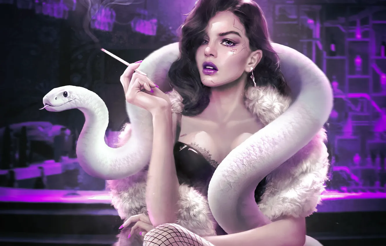 Photo wallpaper purple, girl, snake, brunette, art, smokes