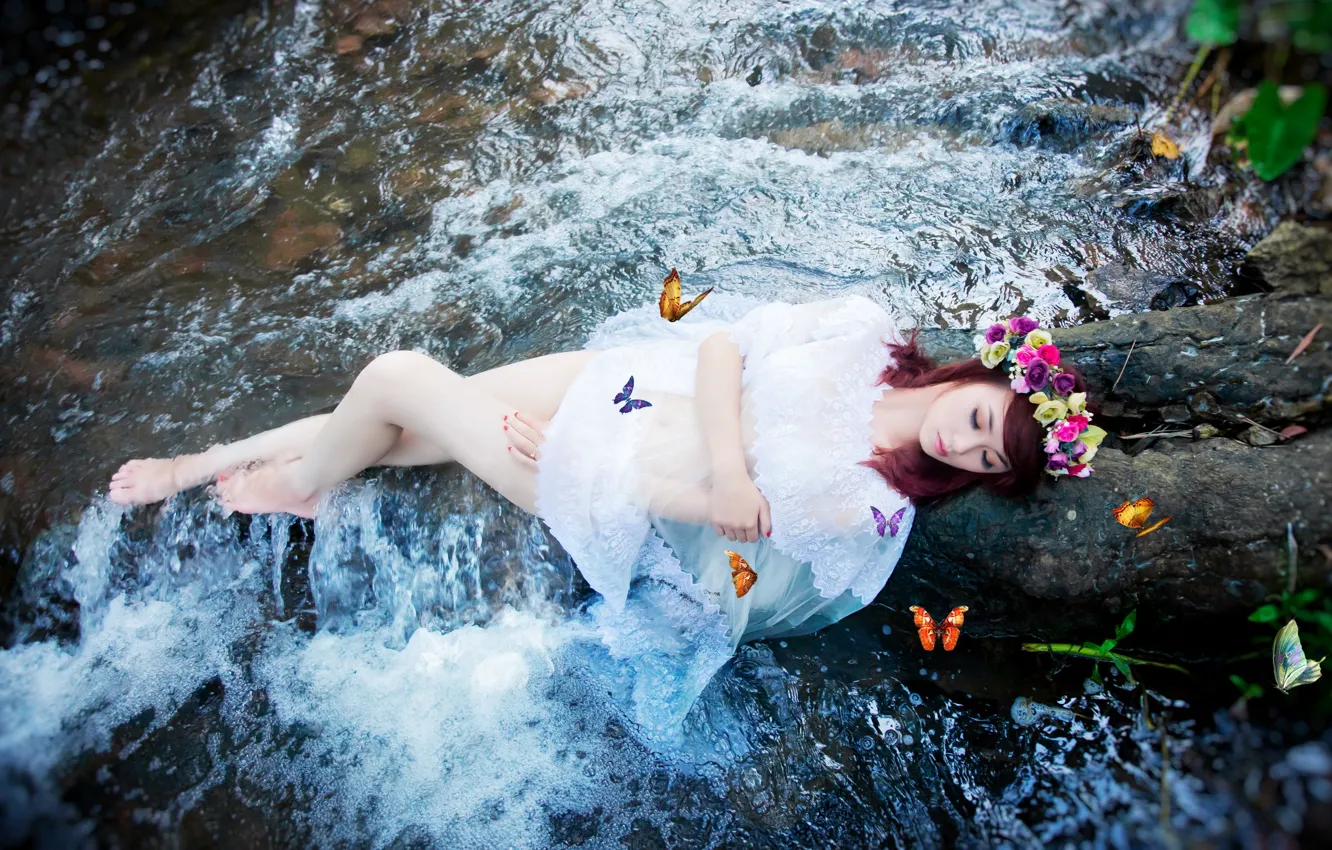 Photo wallpaper girl, butterfly, river