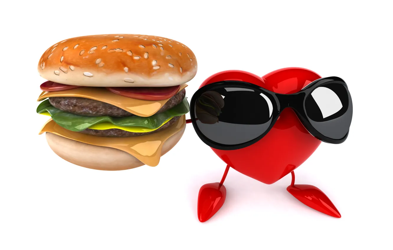 Photo wallpaper heart, heart, cheeseburger, funny, rendering, hamburger, sunglasses, 3D Art