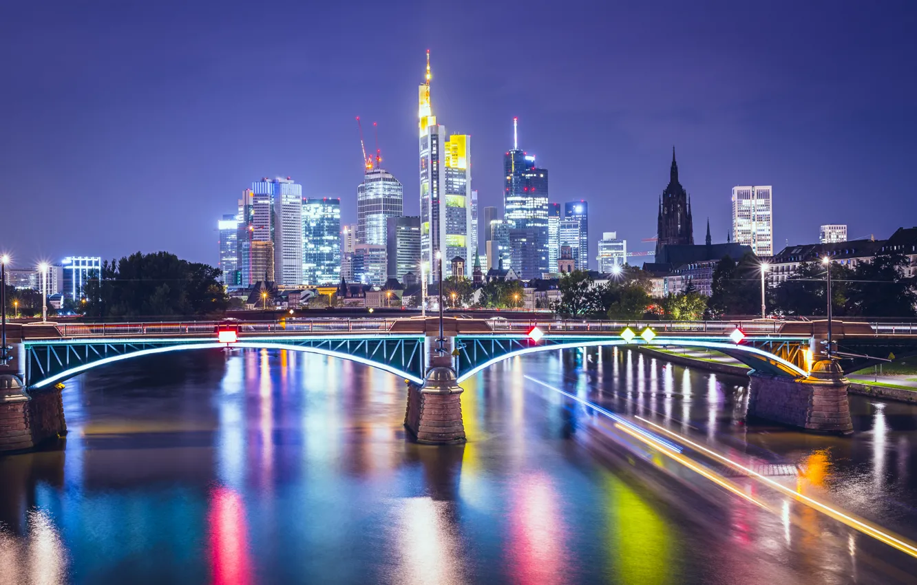 Photo wallpaper night, bridge, lights, river, home, skyscrapers, Germany, lights