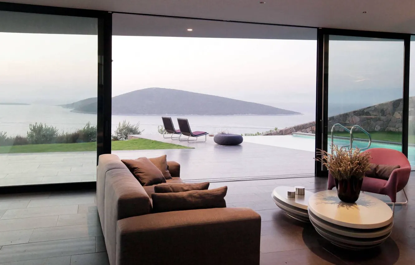 Photo wallpaper interior, pool, sea view, terrace, living room, House in Turkey