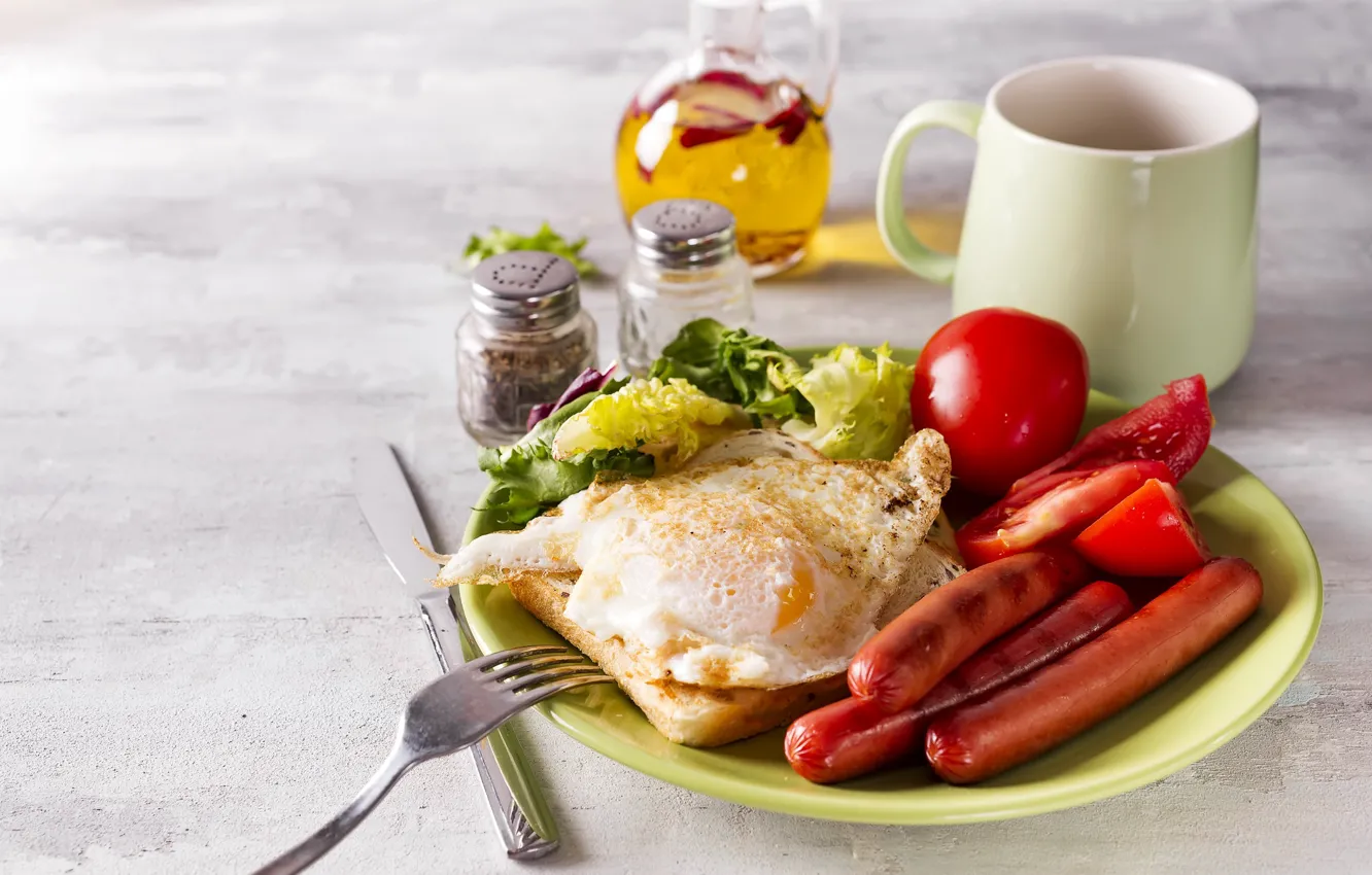 Photo wallpaper eggs, tomatoes, sausage, Breakfast, spices