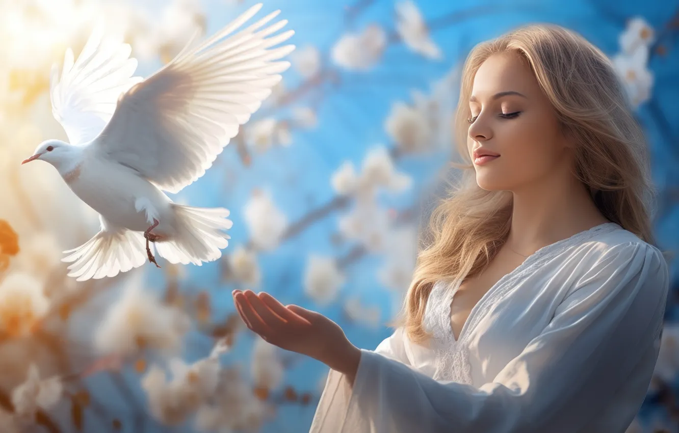 Photo wallpaper white, girl, bird, blonde, pigeons, in white, closed eyes, The Dove of Peace
