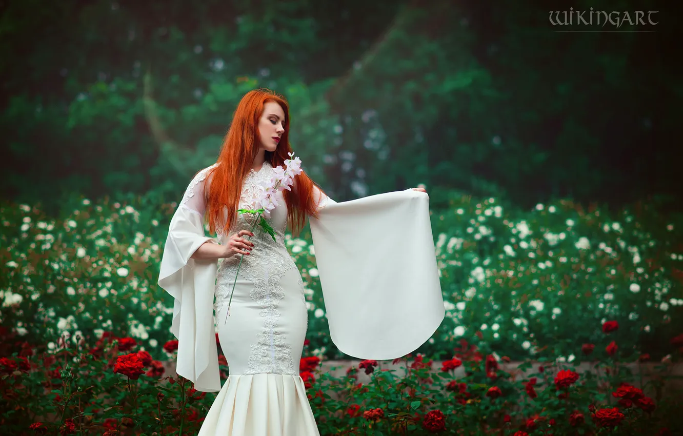 Photo wallpaper girl, flowers, nature, style, makeup, garden, costume, outfit