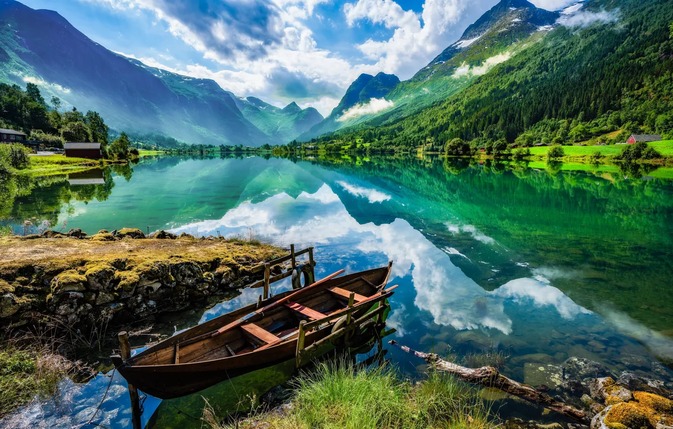 Photo wallpaper clouds, landscape, mountains, nature, reflection, shore, boat, Norway
