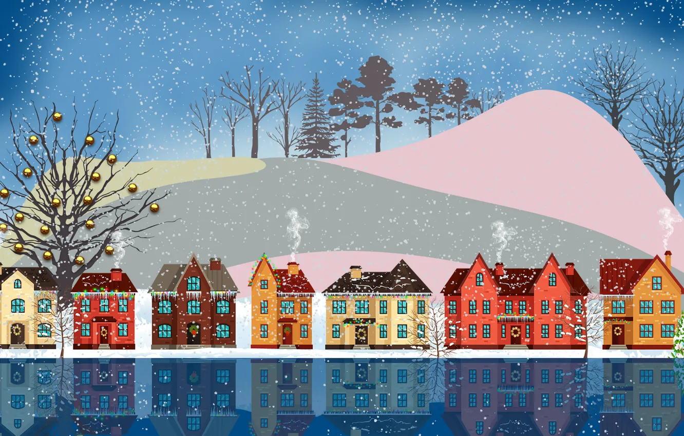 Photo wallpaper winter, the sky, water, balls, snow, trees, mountains, branches