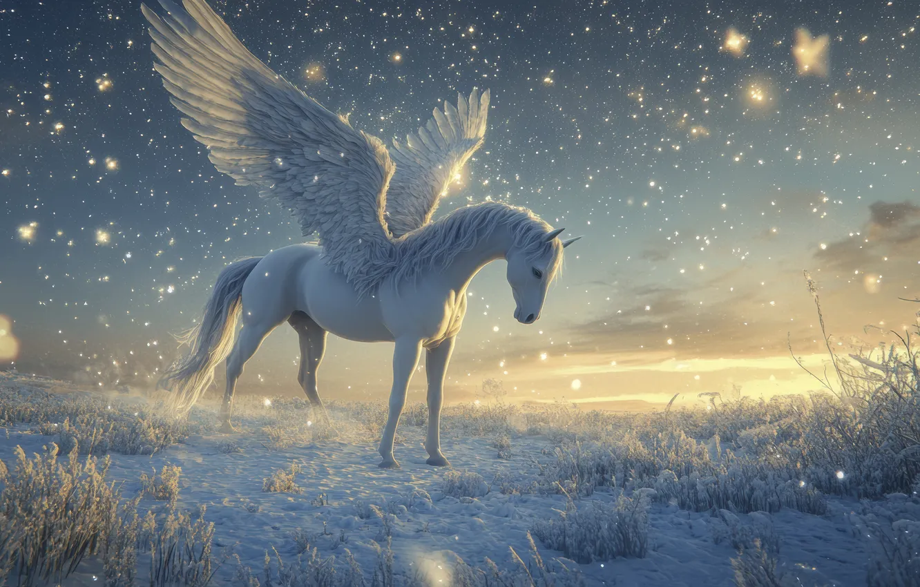 Photo wallpaper winter, field, snow, dawn, horse, wings, Pegasus, digital art