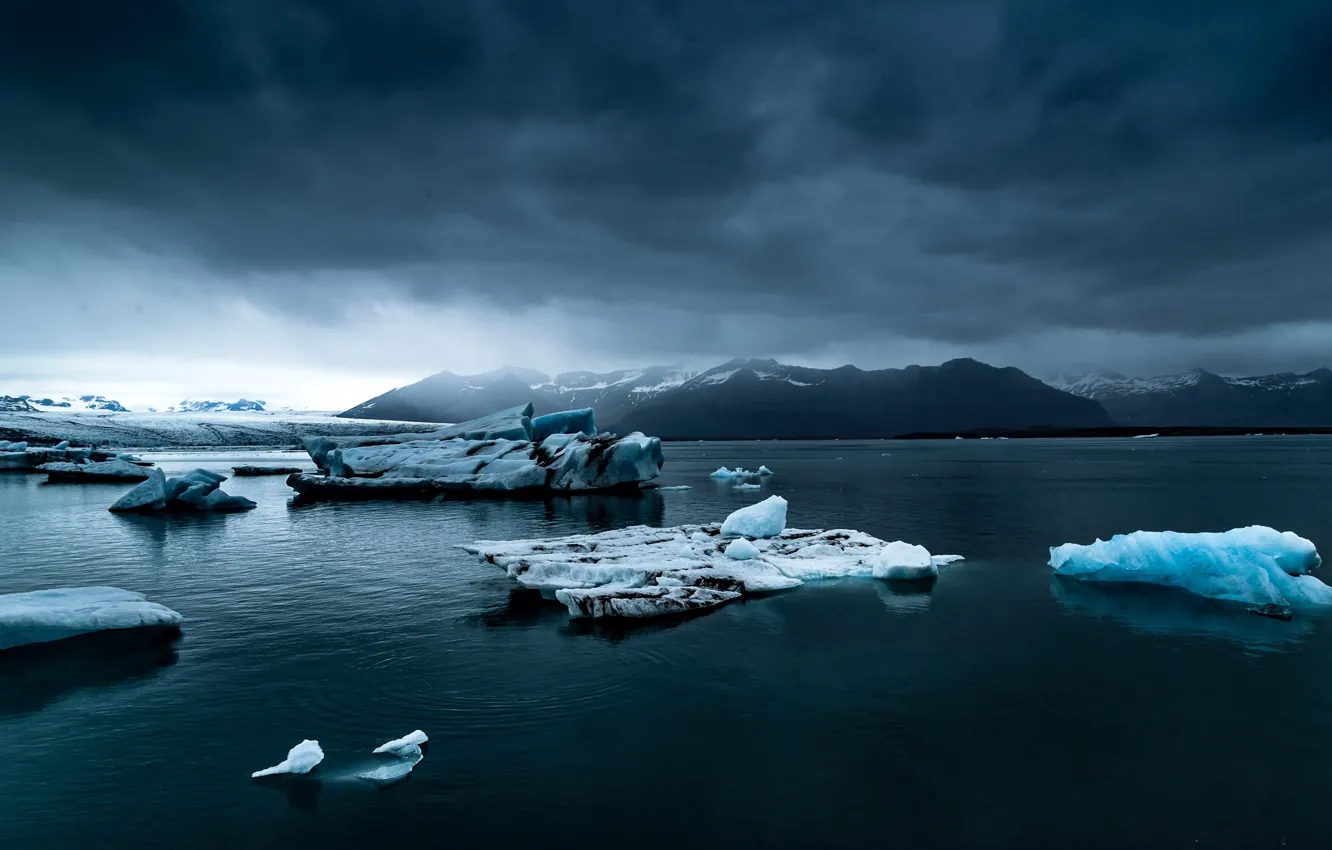 Photo wallpaper ice, the sky, mountains, clouds, nature, the ocean, rocks, icebergs