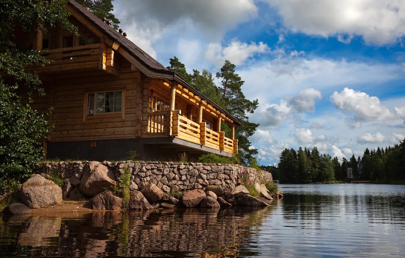 Photo wallpaper forest, the sky, grass, clouds, trees, landscape, nature, lake