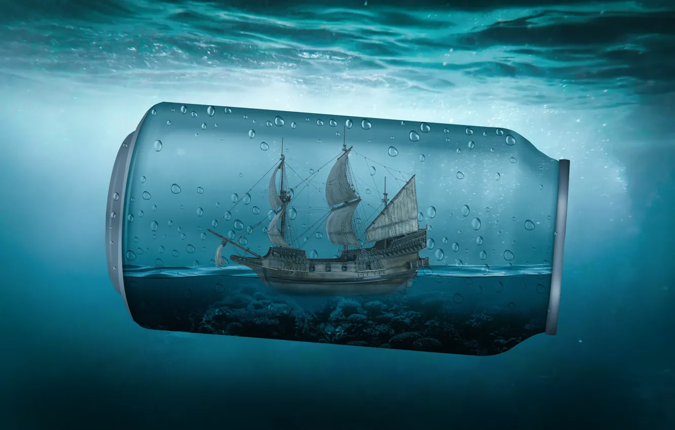 Photo wallpaper sea, wave, glass, water, drops, rendering, ship, sailboat