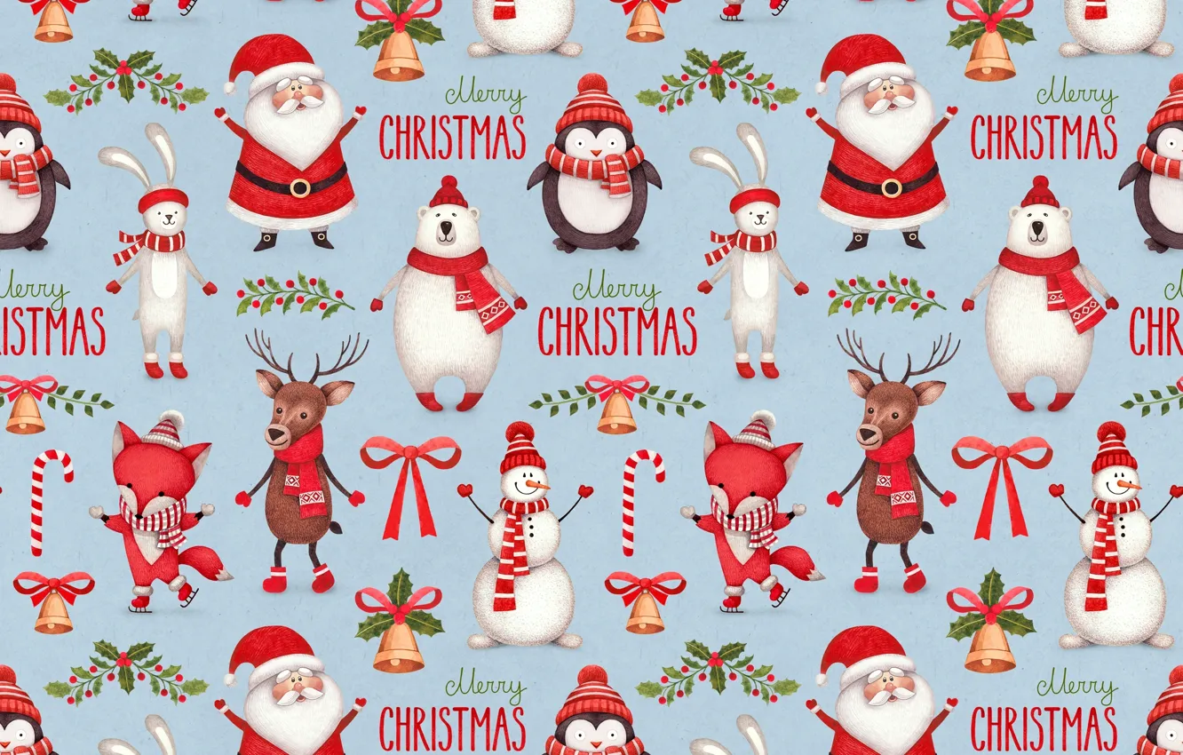 Photo wallpaper hare, deer, bear, Fox, penguin, snowman, Santa Claus, bell