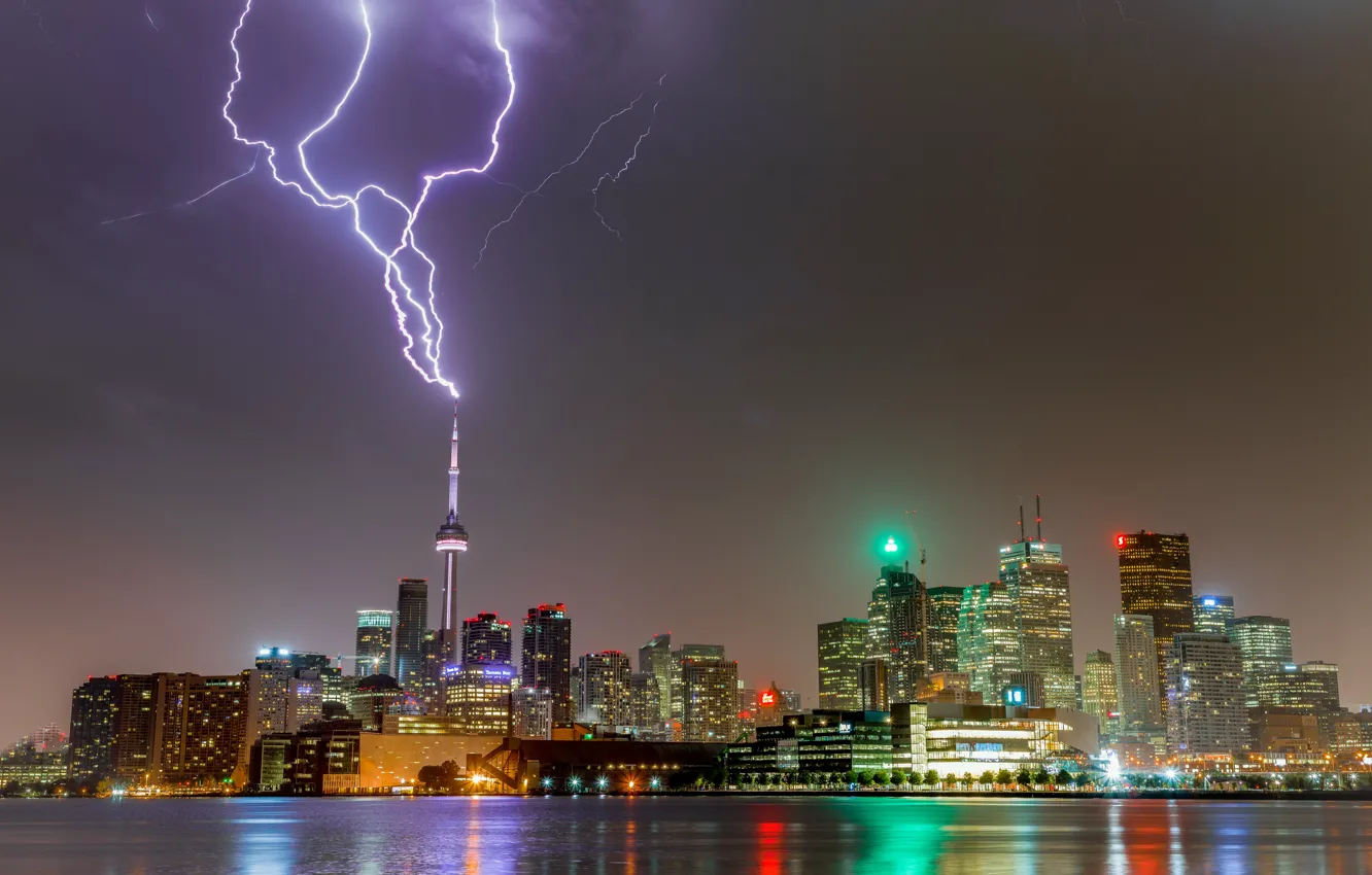 Photo wallpaper lights, lightning, tower, Canada, panorama, Toronto