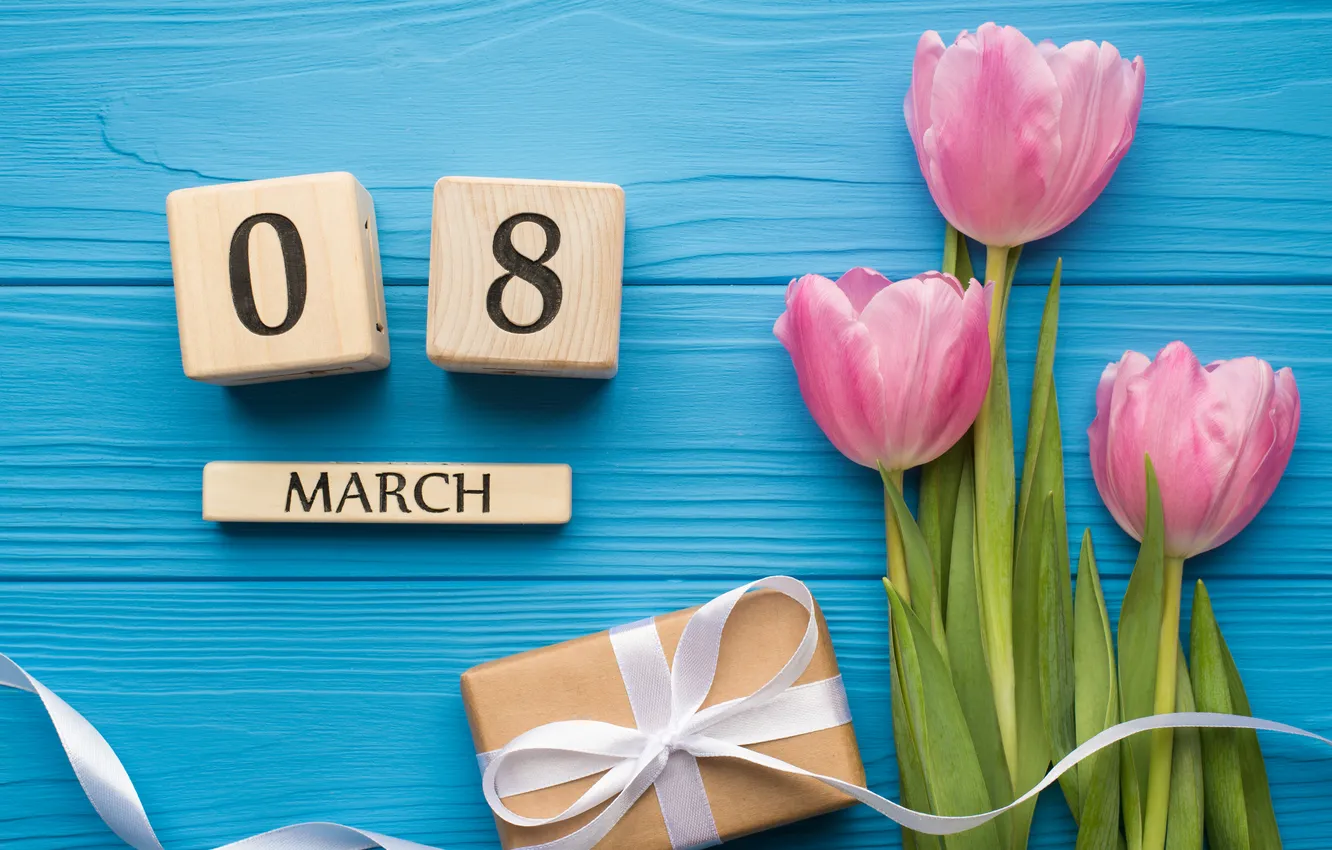 Photo wallpaper flowers, tulips, March 8, wood, pink, flowers, tulips, spring
