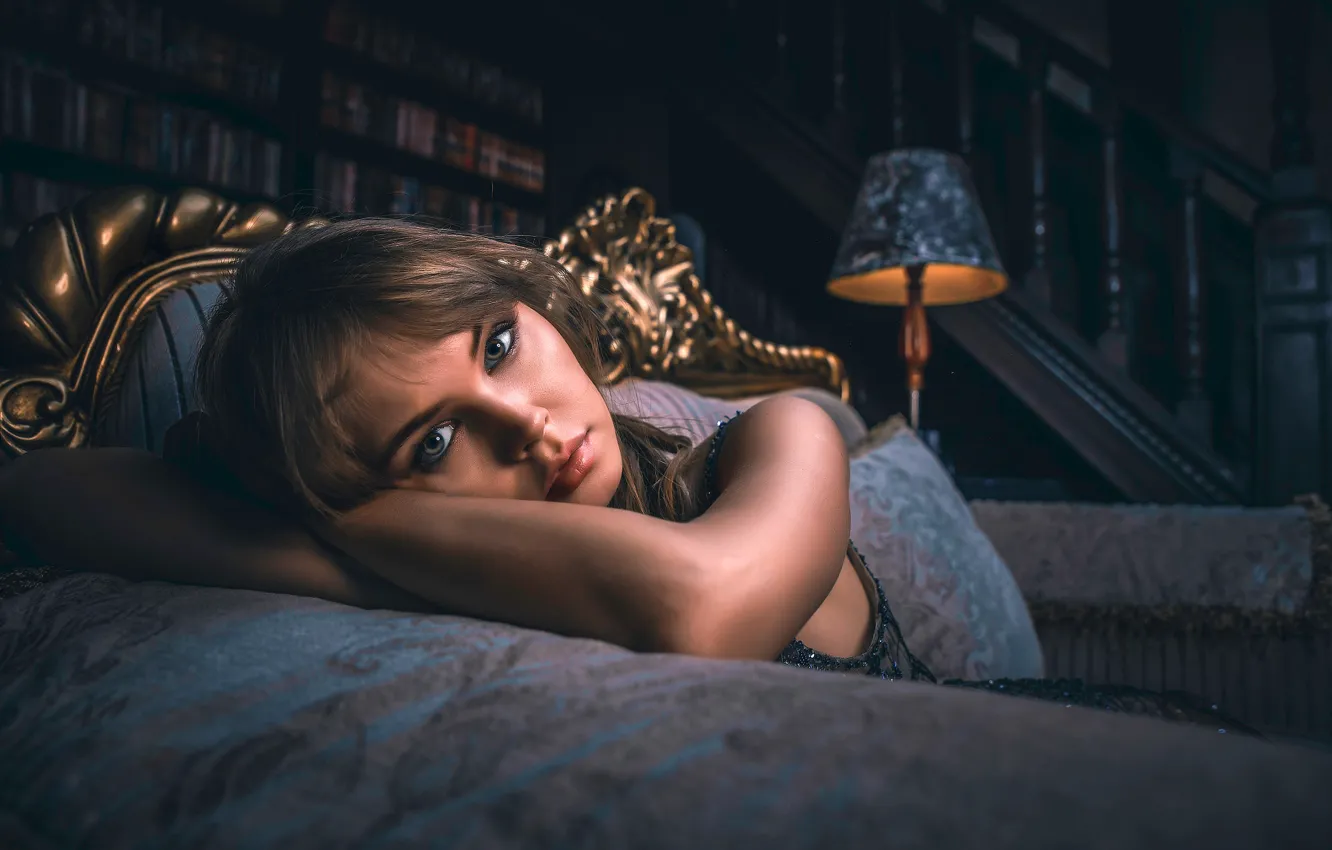 Photo wallpaper look, pose, sofa, model, portrait, interior, makeup, hairstyle