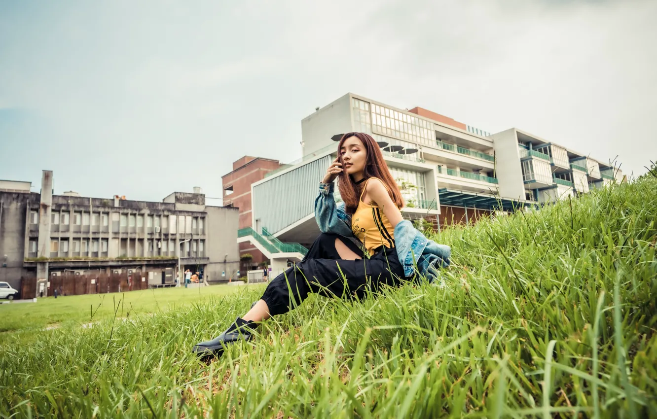 Photo wallpaper grass, look, Asian, sitting