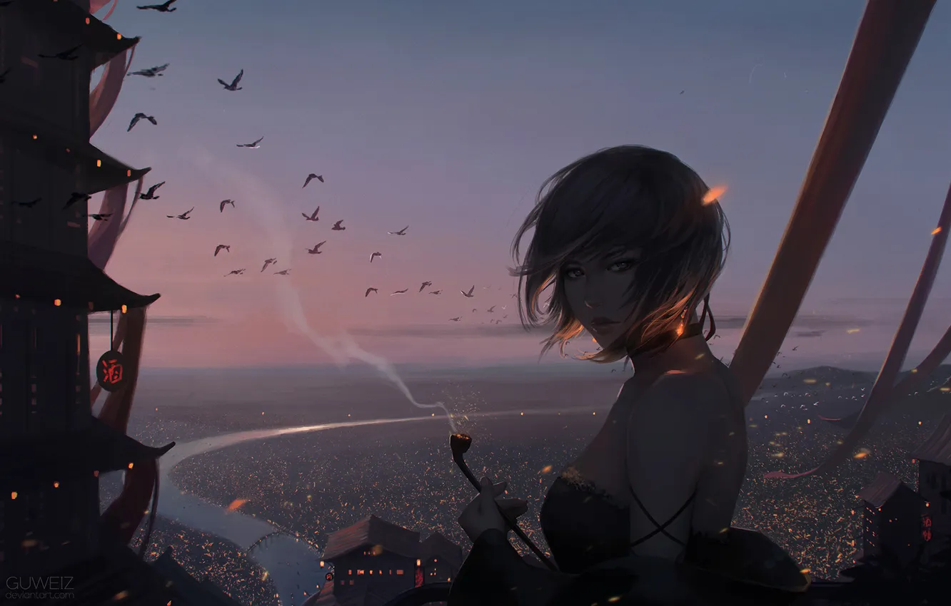 Photo wallpaper the sky, girl, sunset, the city, bird, smoke, tube, anime