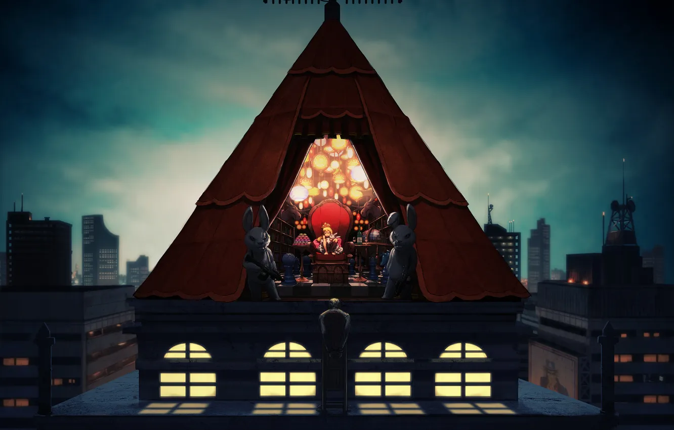 Photo wallpaper roof, the city, weapons, lamp, home, rabbit, art, security