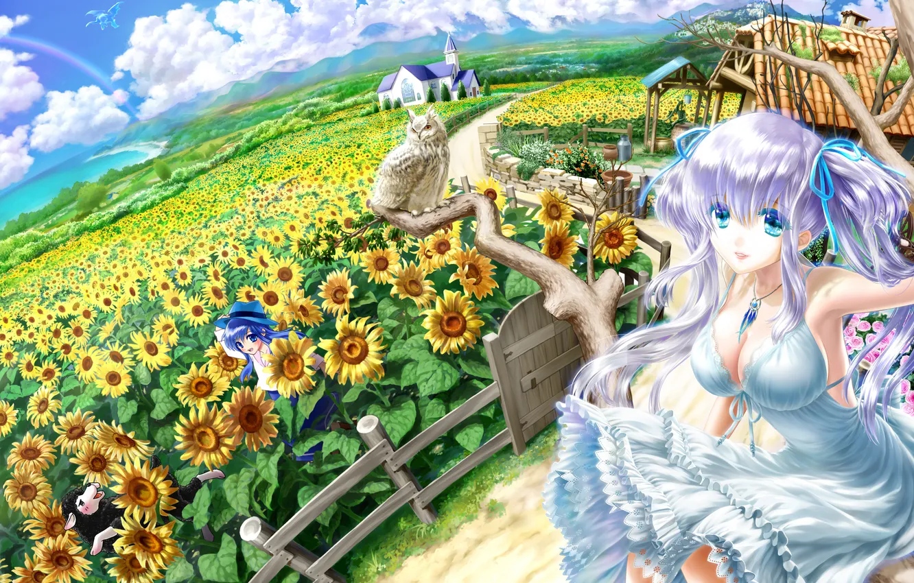 Photo wallpaper field, the sky, girl, clouds, trees, sunflowers, owl, home