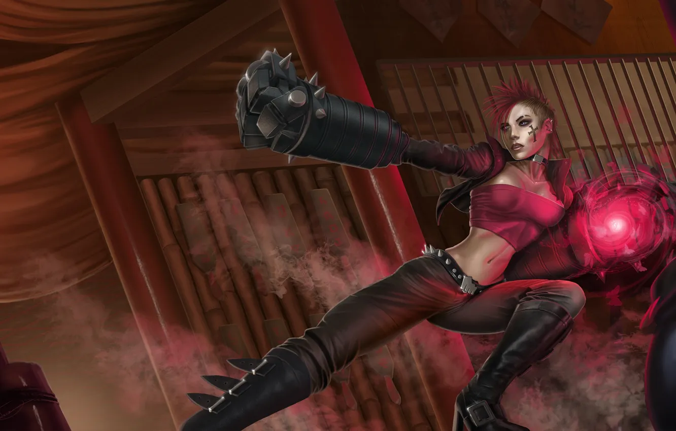 Photo wallpaper girl, metal, cross, hands, art, League of Legends, pink hair